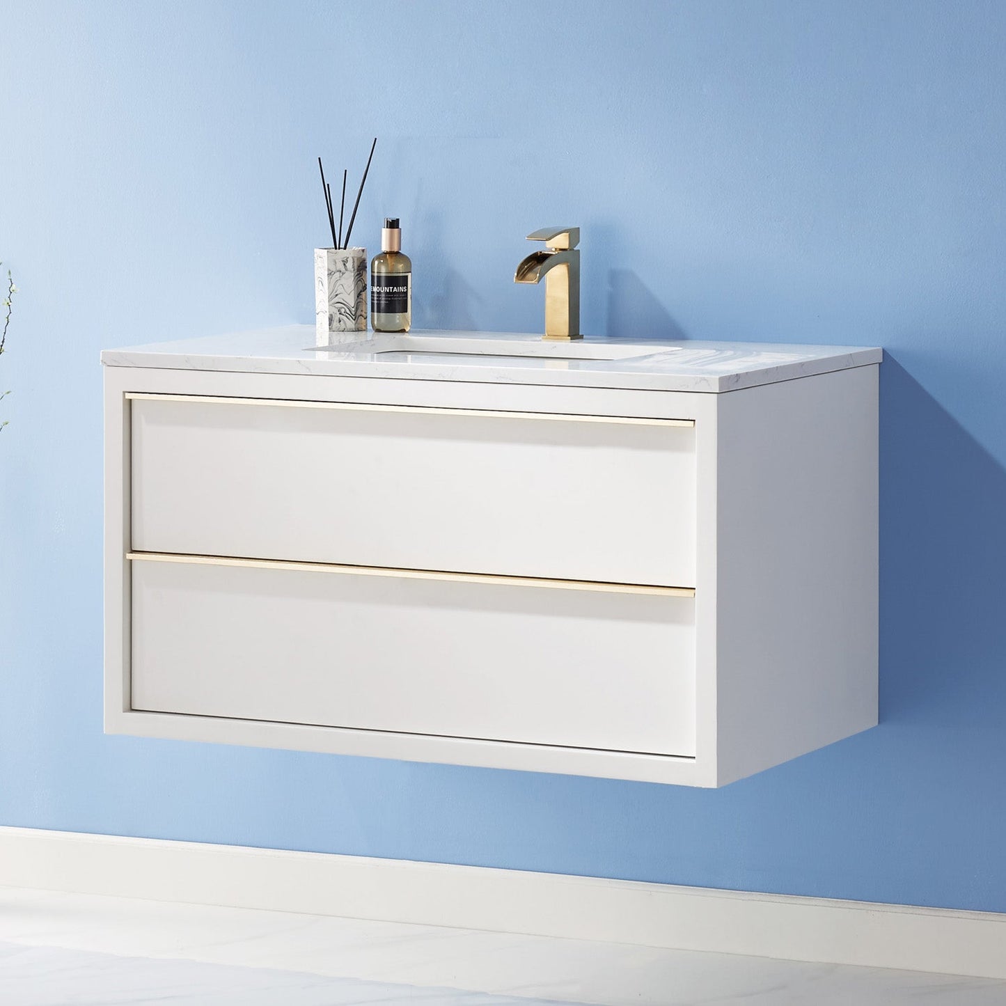 Morgan 36" Single Bathroom Vanity Set in White and Composite Carrara White Stone Countertop without Mirror