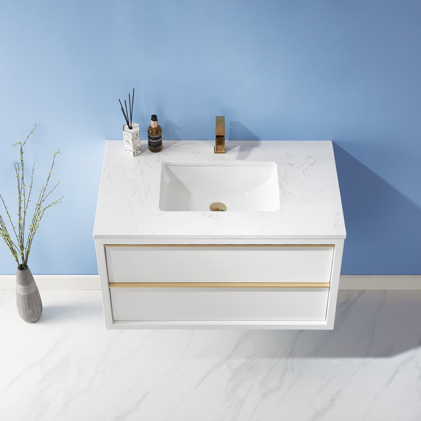 Morgan 36" Single Bathroom Vanity Set in White and Composite Carrara White Stone Countertop without Mirror