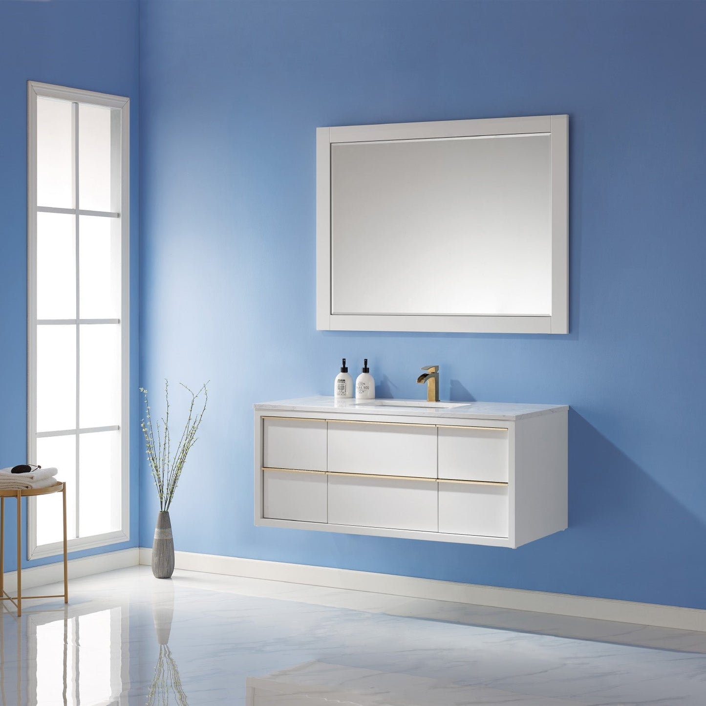Morgan 48" Single Bathroom Vanity Set in White and Aosta White Composite Stone Countertop with Mirror