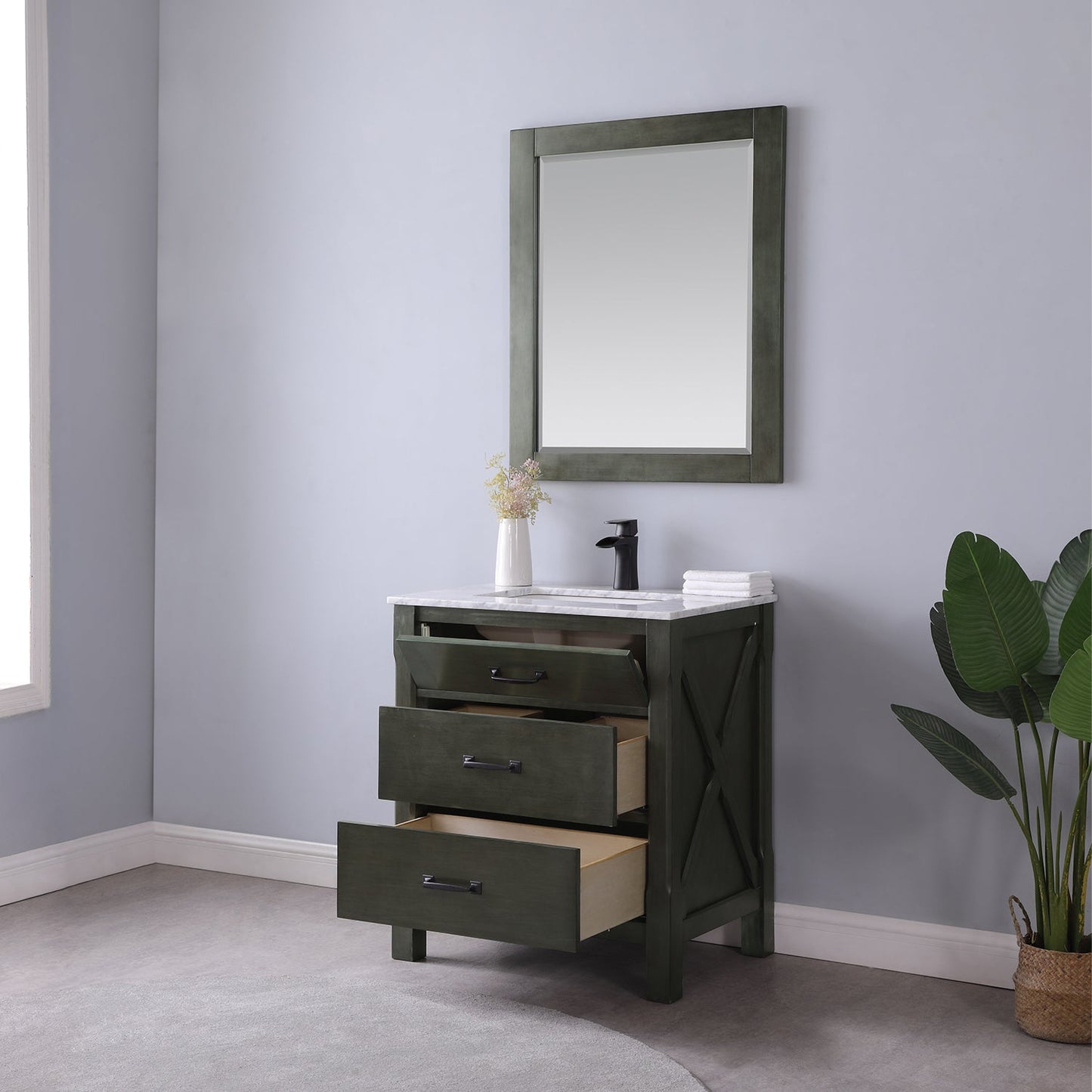 Maribella 30" Single Bathroom Vanity Set in Rust Black and Carrara White Marble Countertop with Mirror
