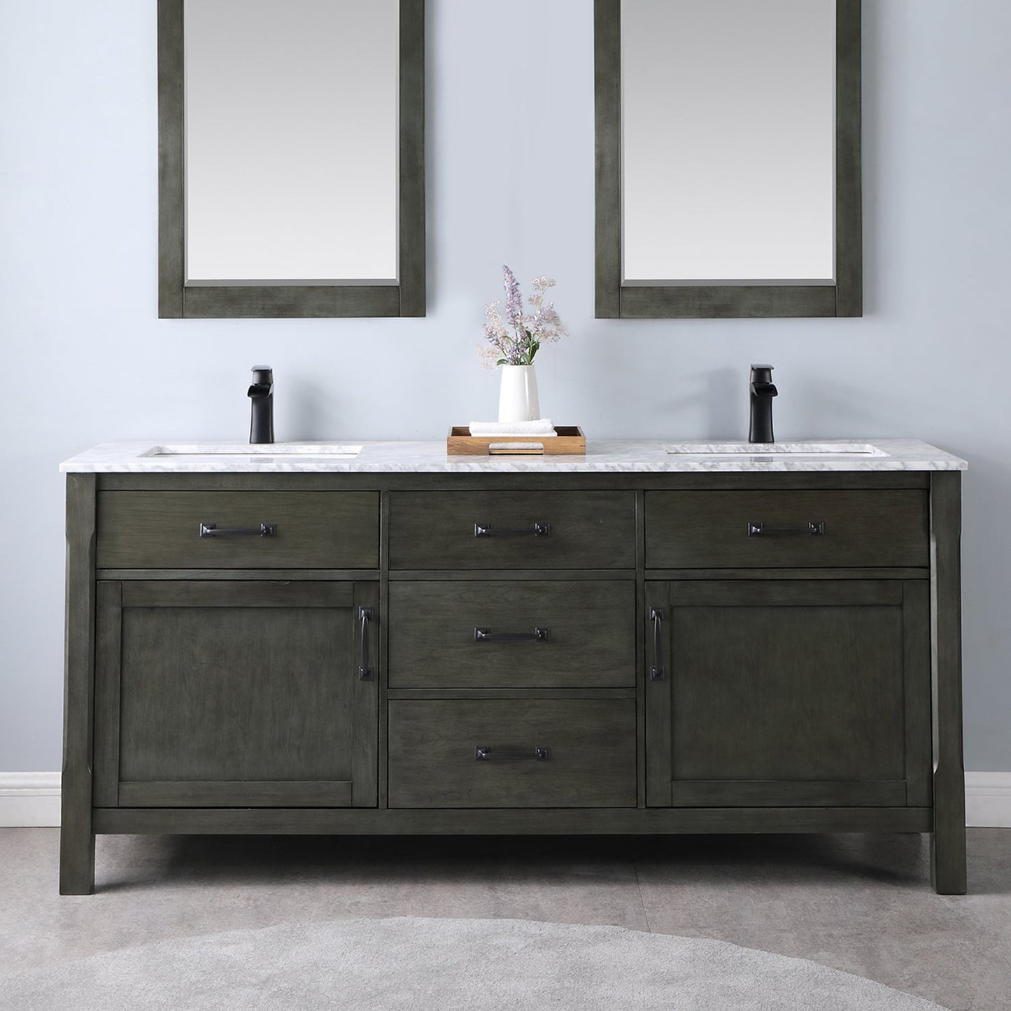 Maribella 72" Double Bathroom Vanity Set in Rust Black and Carrara White Marble Countertop without Mirror