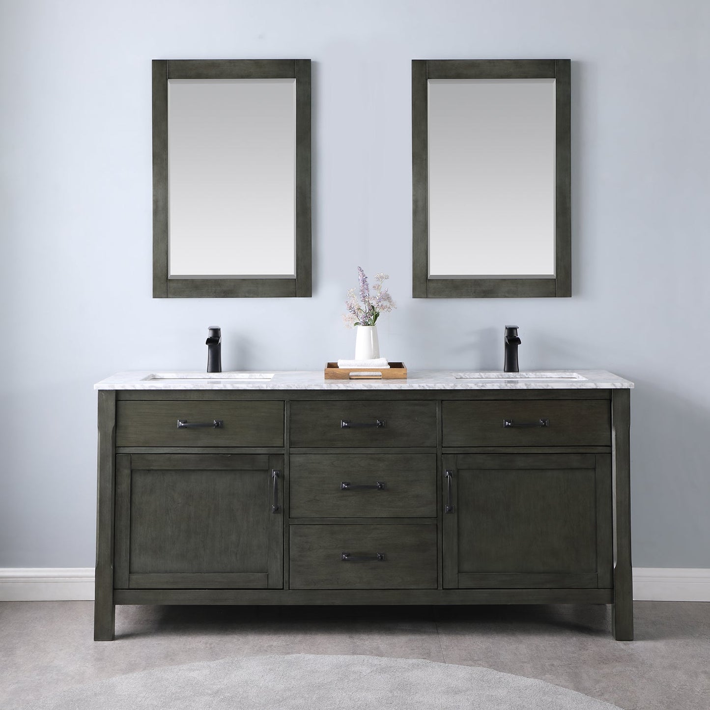 Maribella 72" Double Bathroom Vanity Set in Rust Black and Carrara White Marble Countertop with Mirror