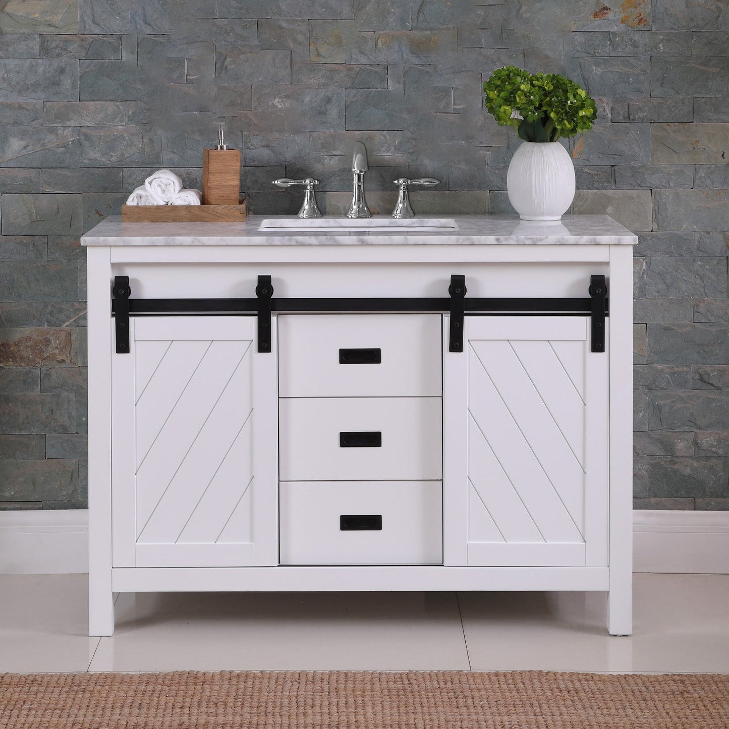 Kinsley 48" Single Bathroom Vanity Set in White and Carrara White Marble Countertop without Mirror