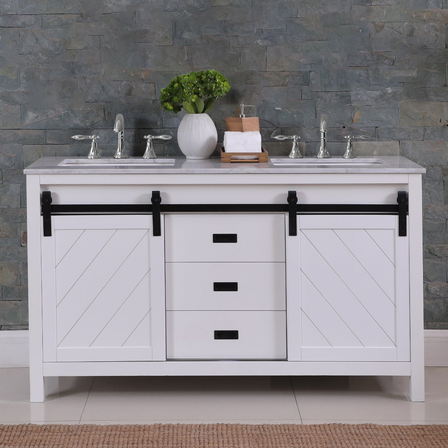 Kinsley 60" Double Bathroom Vanity Set in White and Carrara White Marble Countertop without Mirror