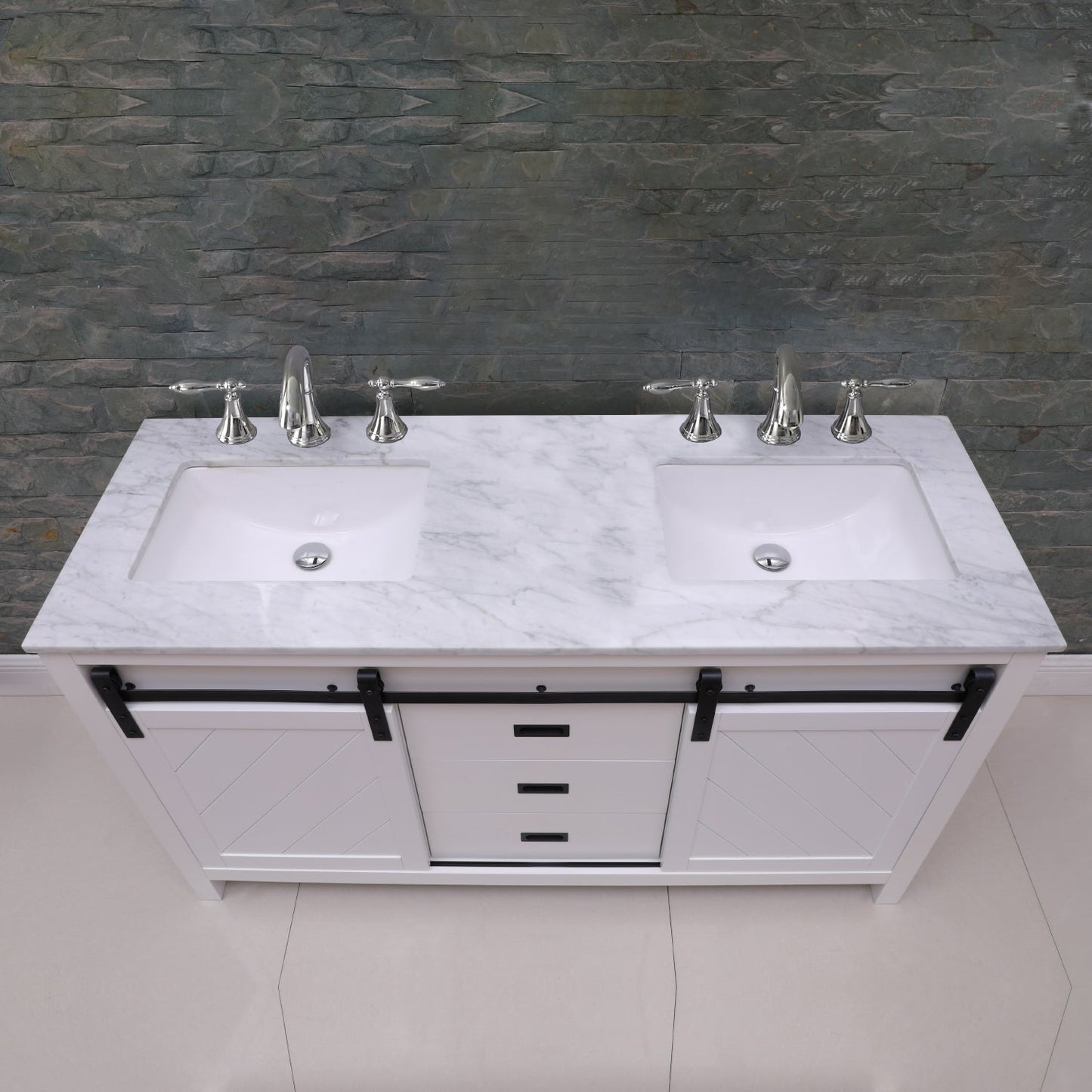 Kinsley 60" Double Bathroom Vanity Set in White and Carrara White Marble Countertop without Mirror