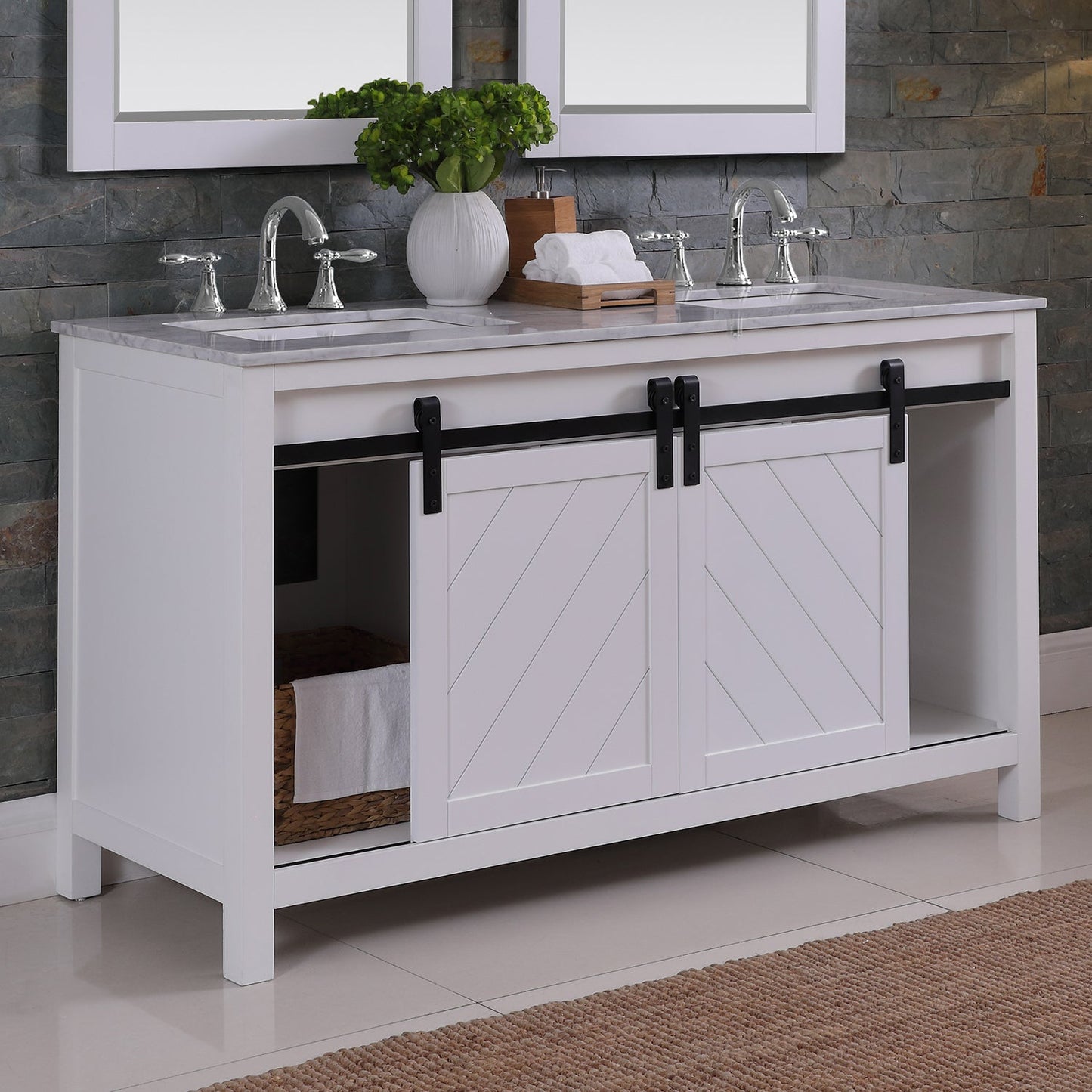 Kinsley 60" Double Bathroom Vanity Set in White and Carrara White Marble Countertop with Mirror
