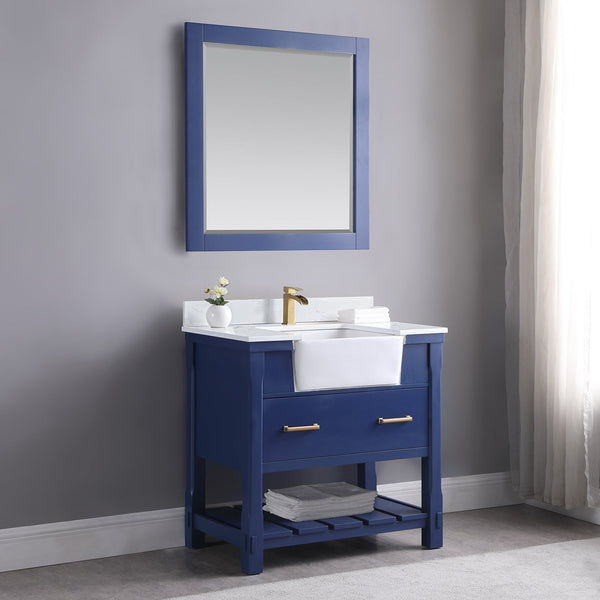 Georgia 36 Single Bathroom Vanity Set in Jewelry Blue and Composite Carrara White Stone Top with White Farmhouse Basin without Mirror