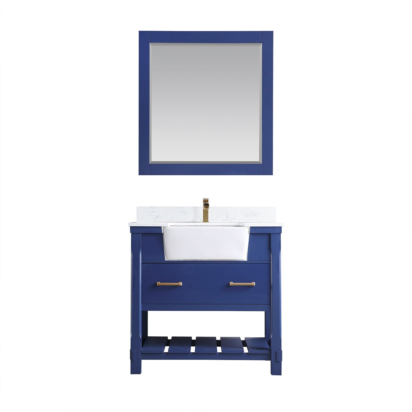 Georgia 36" Single Bathroom Vanity Set in Jewelry Blue and Composite Carrara White Stone Top with White Farmhouse Basin with Mirror