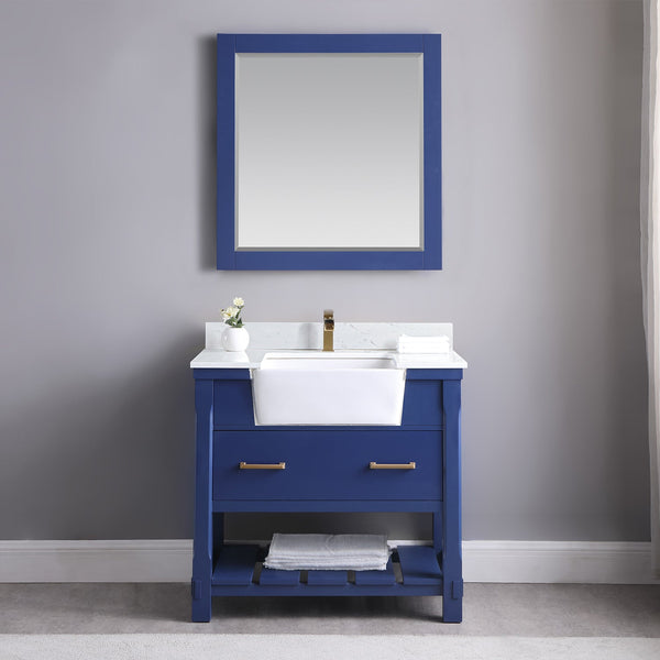 Georgia 36 Single Bathroom Vanity Set in Jewelry Blue and Composite Carrara White Stone Top with White Farmhouse Basin with Mirror
