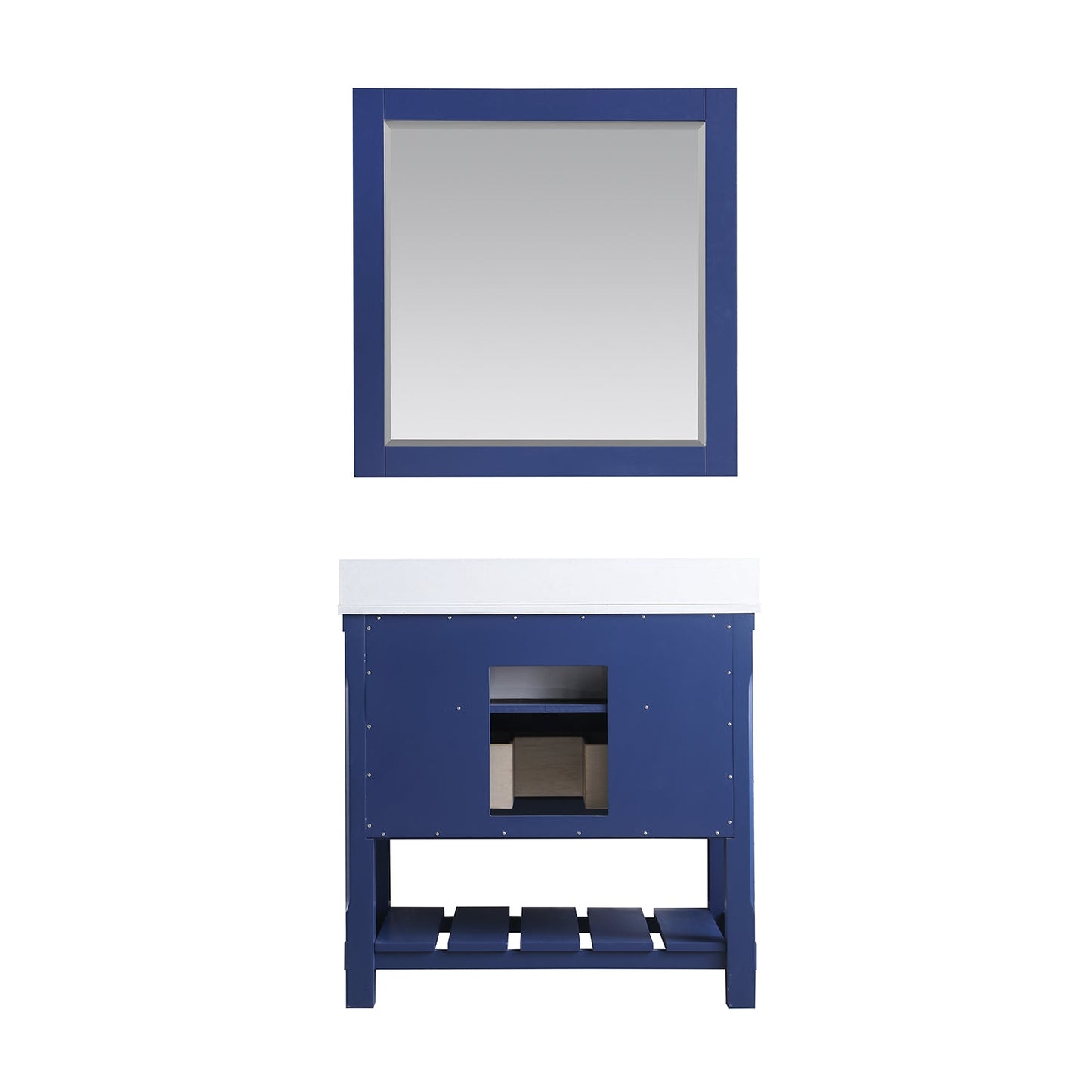 Georgia 36" Single Bathroom Vanity Set in Jewelry Blue and Composite Carrara White Stone Top with White Farmhouse Basin with Mirror