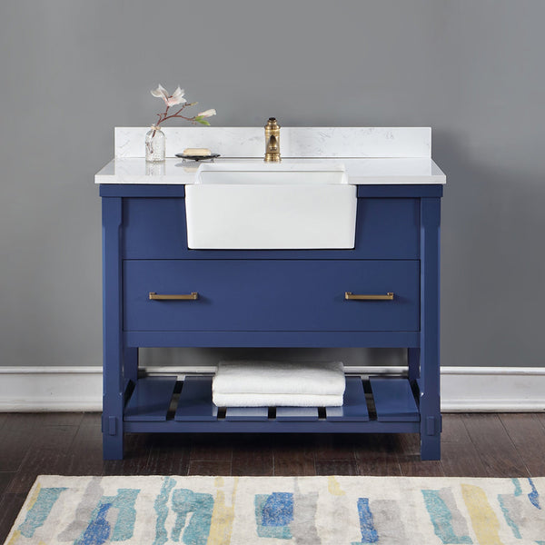 Georgia 42 Single Bathroom Vanity Set in Jewelry Blue and Composite Carrara White Stone Top with White Farmhouse Basin without Mirror