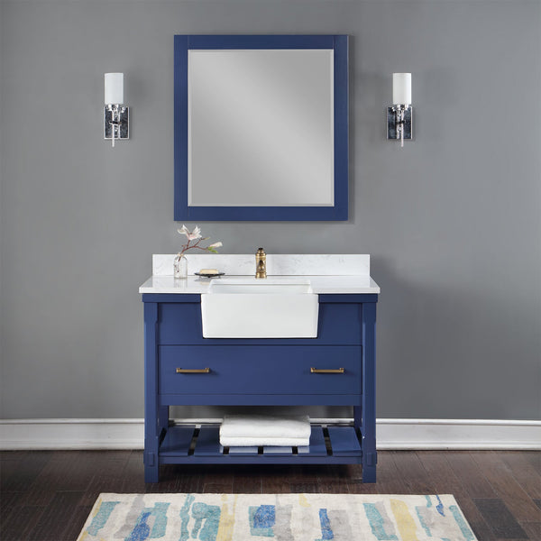 Georgia 42 Single Bathroom Vanity Set in Jewelry Blue and Composite Carrara White Stone Top with White Farmhouse Basin with Mirror