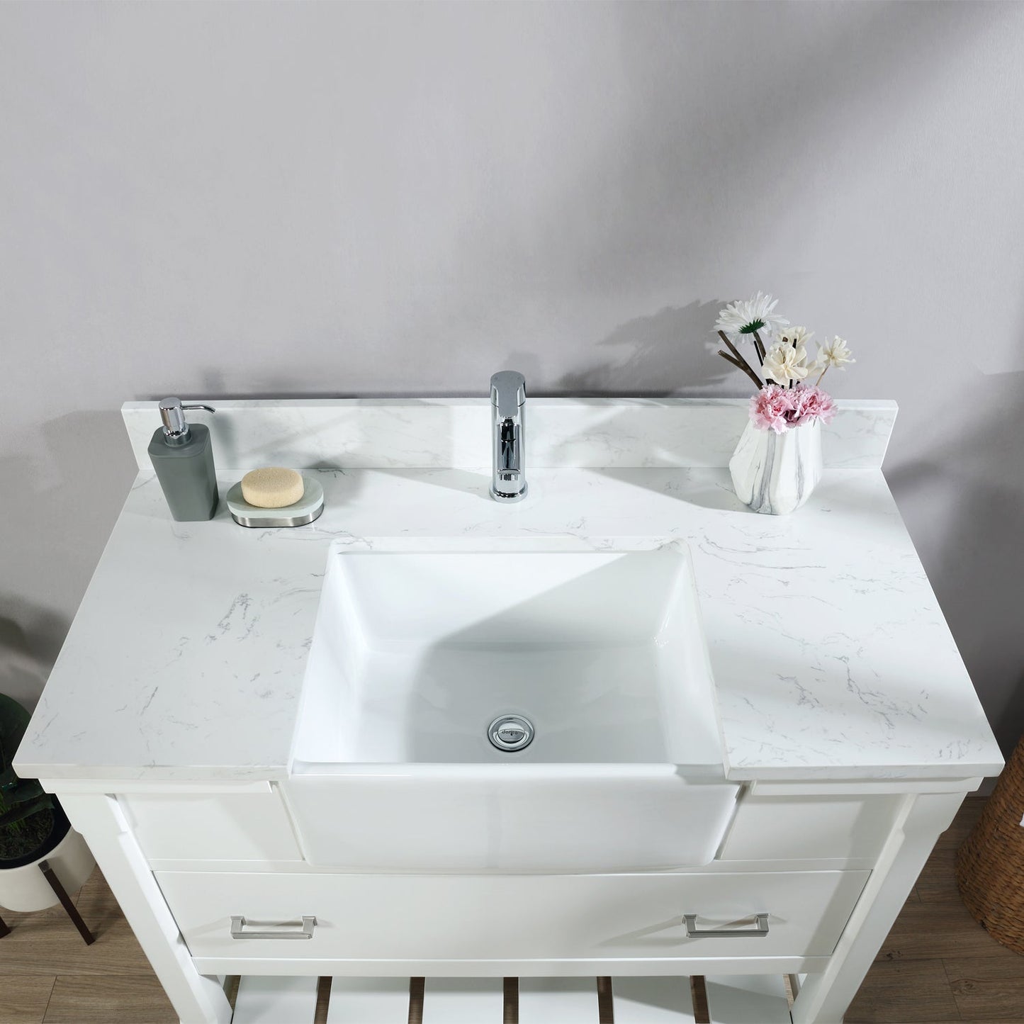 Georgia 42" Single Bathroom Vanity Set in White and Aosta White Composite Stone Top with White Farmhouse Basin without Mirror