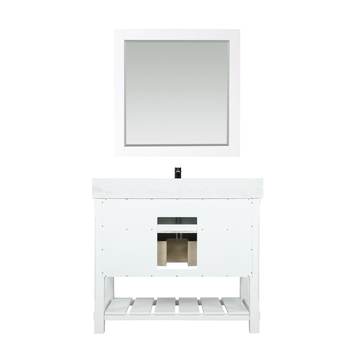 Georgia 42" Single Bathroom Vanity Set in White and Composite Carrara White Stone Top with White Farmhouse Basin with Mirror