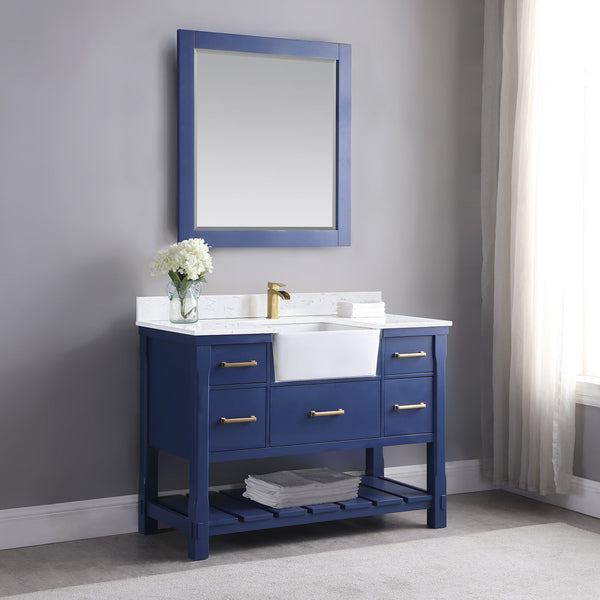 Georgia 48 Single Bathroom Vanity Set in Jewelry Blue and Composite Carrara White Stone Top with White Farmhouse Basin without Mirror