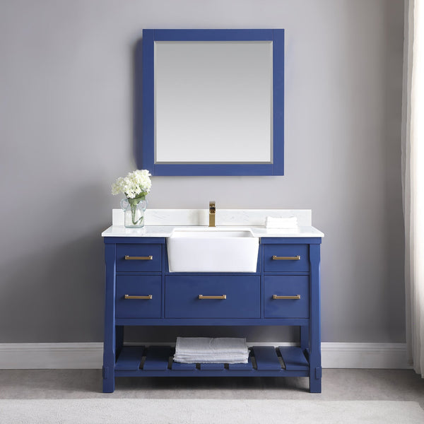 Georgia 48 Single Bathroom Vanity Set in Jewelry Blue and Composite Carrara White Stone Top with White Farmhouse Basin with Mirror