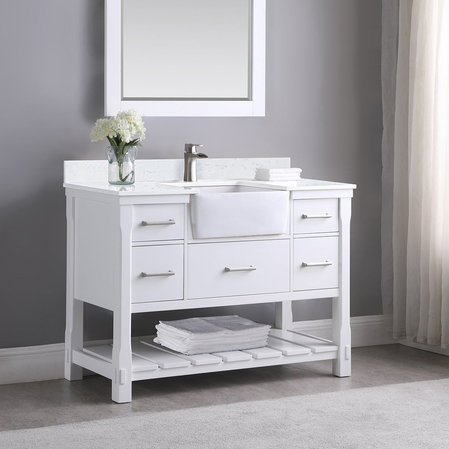 Georgia 48" Single Bathroom Vanity Set in White and Aosta White Composite Stone Top with White Farmhouse Basin without Mirror