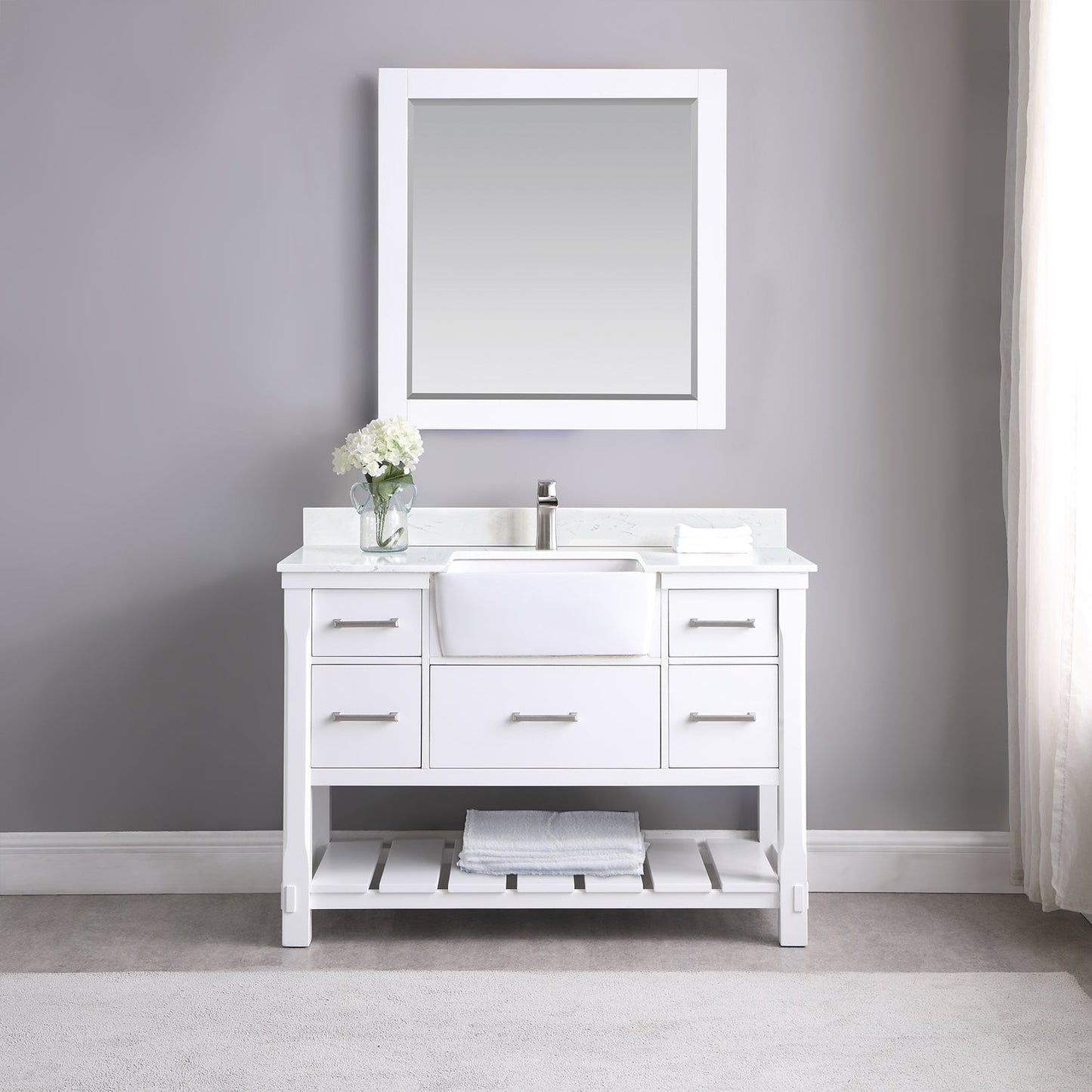 Georgia 48" Single Bathroom Vanity Set in White and Aosta White Composite Stone Top with White Farmhouse Basin without Mirror