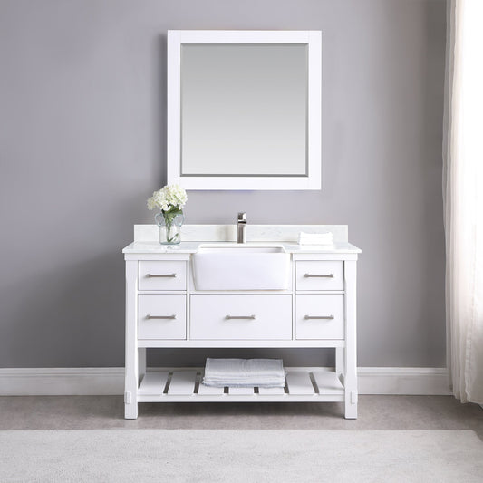 Georgia 48" Single Bathroom Vanity Set in White and Composite Carrara White Stone Top with White Farmhouse Basin with Mirror