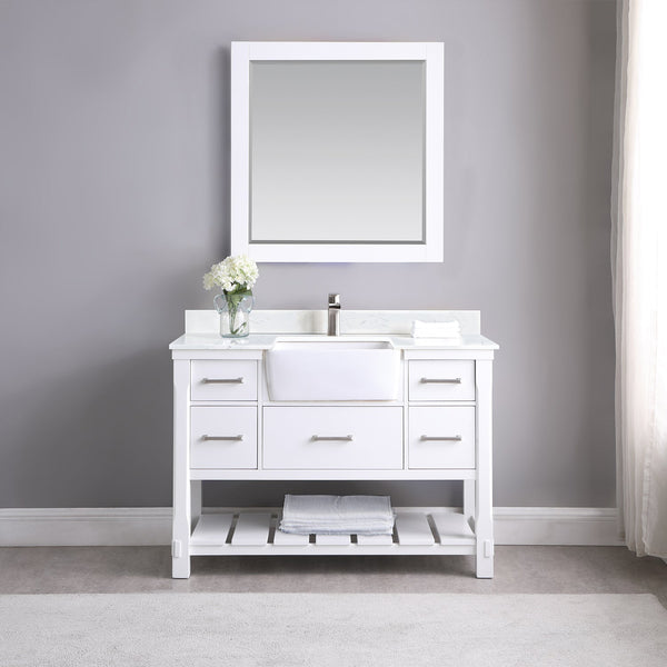 Georgia 48 Single Bathroom Vanity Set in White and Composite Carrara White Stone Top with White Farmhouse Basin with Mirror