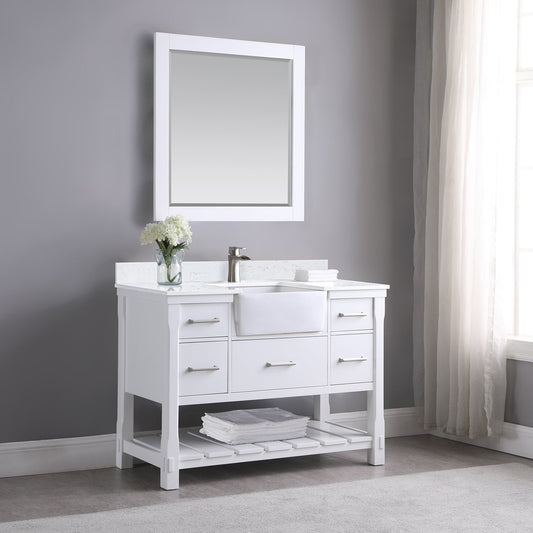 Georgia 48" Single Bathroom Vanity Set in White and Composite Carrara White Stone Top with White Farmhouse Basin with Mirror