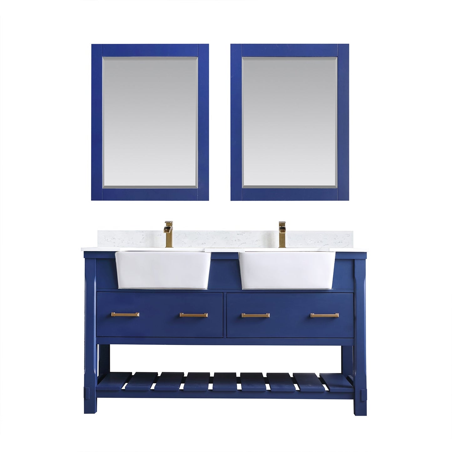 Georgia 60" Double Bathroom Vanity Set in Jewelry Blue and Composite Carrara White Stone Top with White Farmhouse Basin with Mirror