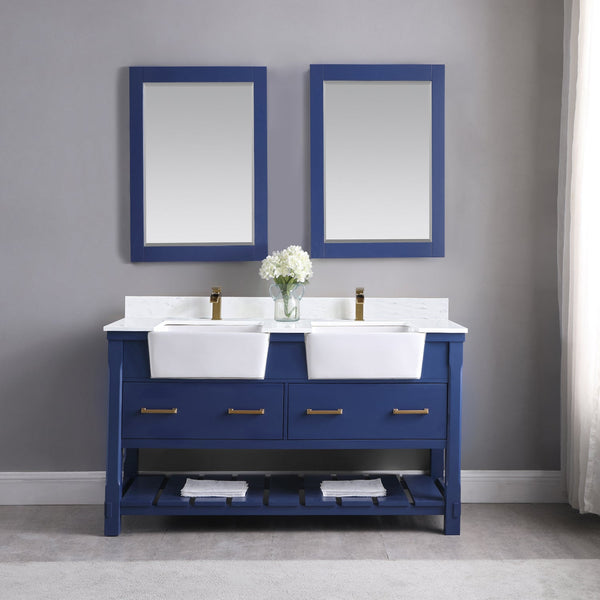 Georgia 60 Double Bathroom Vanity Set in Jewelry Blue and Composite Carrara White Stone Top with White Farmhouse Basin with Mirror