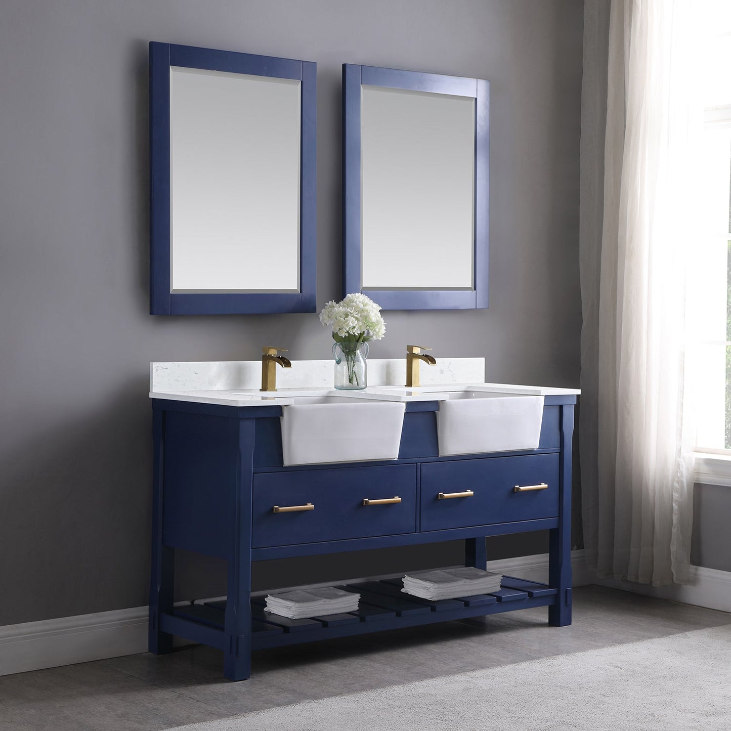 Georgia 60" Double Bathroom Vanity Set in Jewelry Blue and Composite Carrara White Stone Top with White Farmhouse Basin with Mirror