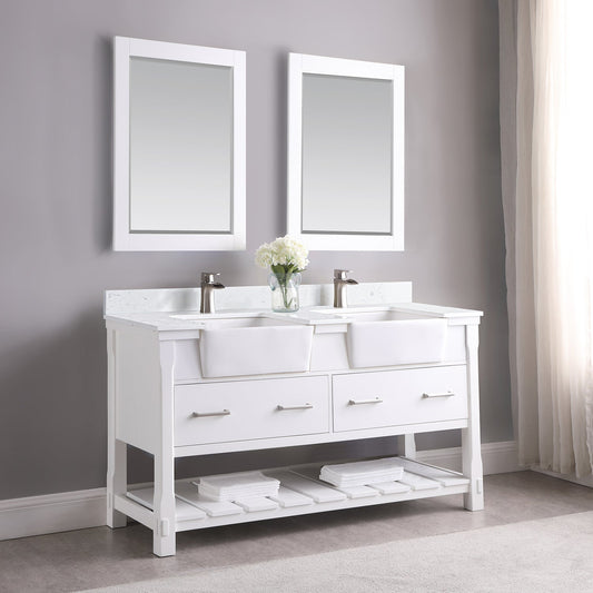 Georgia 60" Double Bathroom Vanity Set in White and Composite Carrara White Stone Top with White Farmhouse Basin without Mirror