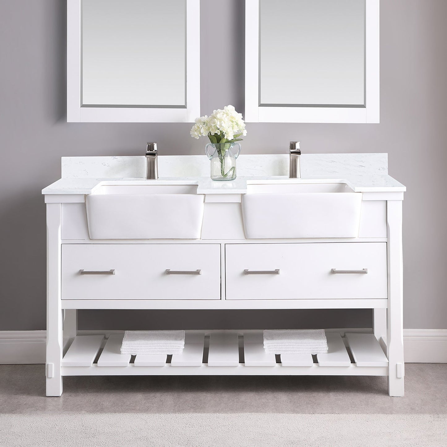 Georgia 60" Double Bathroom Vanity Set in White and Composite Carrara White Stone Top with White Farmhouse Basin without Mirror