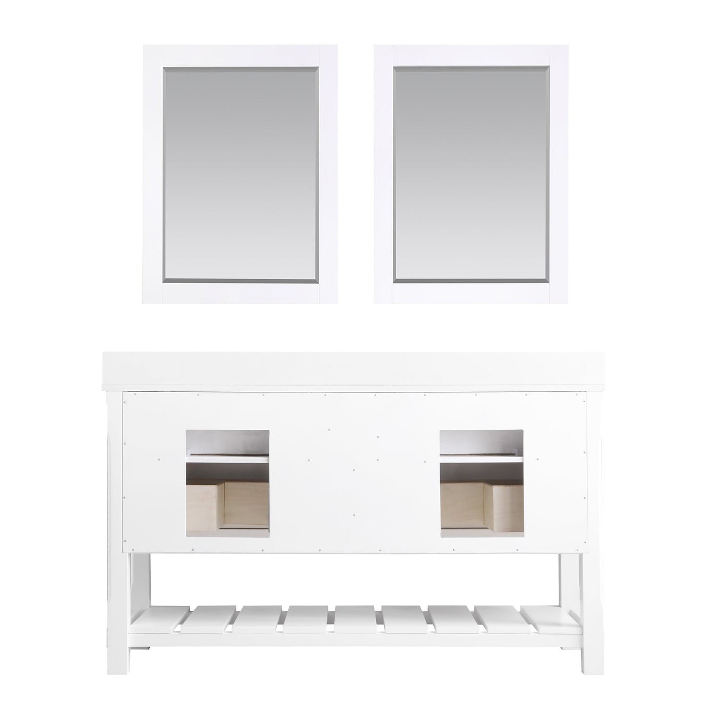 Georgia 60" Double Bathroom Vanity Set in White and Composite Carrara White Stone Top with White Farmhouse Basin with Mirror