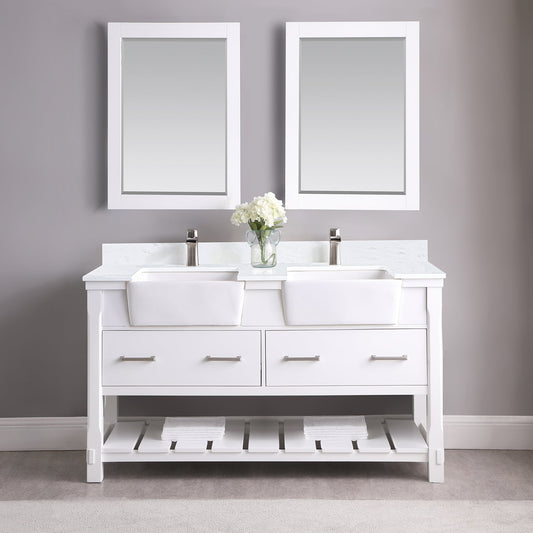 Georgia 60" Double Bathroom Vanity Set in White and Composite Carrara White Stone Top with White Farmhouse Basin with Mirror