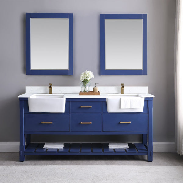 Georgia 72 Double Bathroom Vanity Set in Jewelry Blue and Composite Carrara White Stone Top with White Farmhouse Basin with Mirror