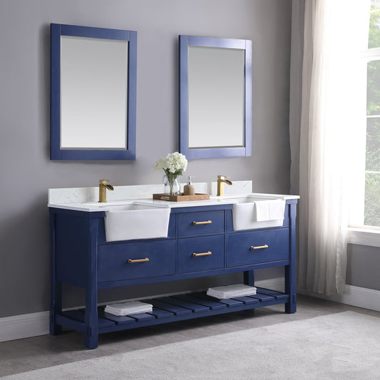 Georgia 72" Double Bathroom Vanity Set in Jewelry Blue and Composite Carrara White Stone Top with White Farmhouse Basin with Mirror