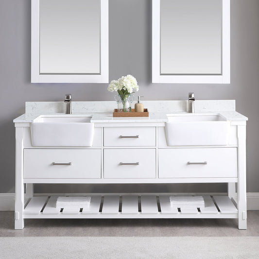 Georgia 72" Double Bathroom Vanity Set in White and Composite Carrara White Stone Top with White Farmhouse Basin without Mirror