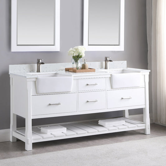 Georgia 72" Double Bathroom Vanity Set in White and Composite Carrara White Stone Top with White Farmhouse Basin without Mirror