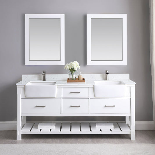 Georgia 72" Double Bathroom Vanity Set in White and Composite Carrara White Stone Top with White Farmhouse Basin with Mirror