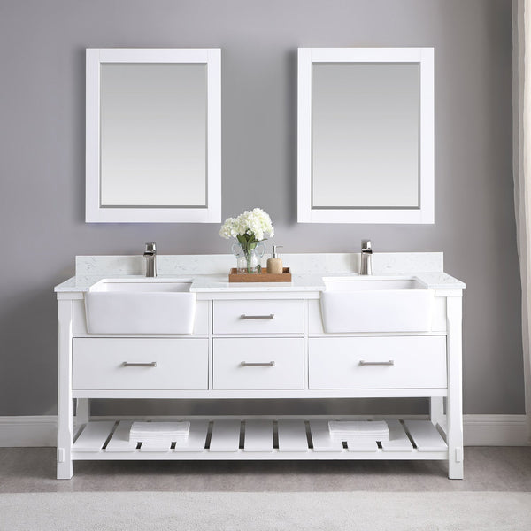 Georgia 72 Double Bathroom Vanity Set in White and Composite Carrara White Stone Top with White Farmhouse Basin with Mirror