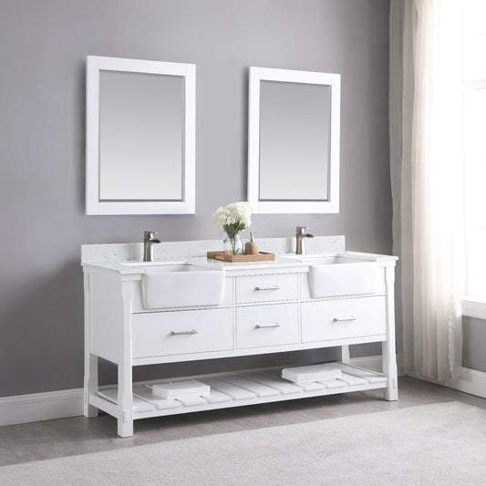 Georgia 72" Double Bathroom Vanity Set in White and Composite Carrara White Stone Top with White Farmhouse Basin with Mirror