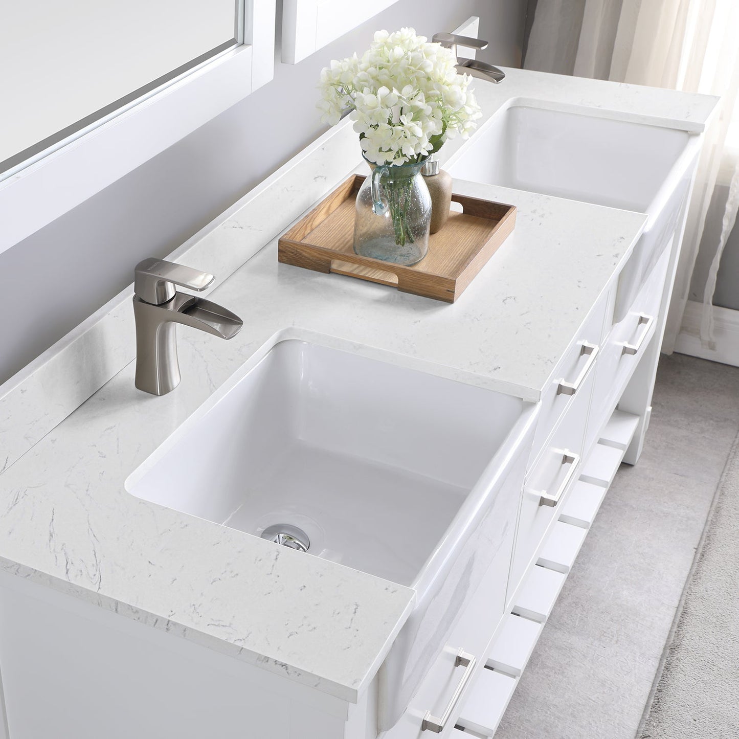 Georgia 72" Double Bathroom Vanity Set in White and Composite Carrara White Stone Top with White Farmhouse Basin with Mirror