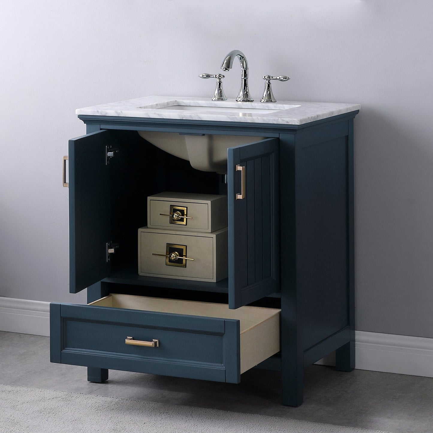 Isla 30" Single Bathroom Vanity Set in Classic Blue and Carrara White Marble Countertop without Mirror