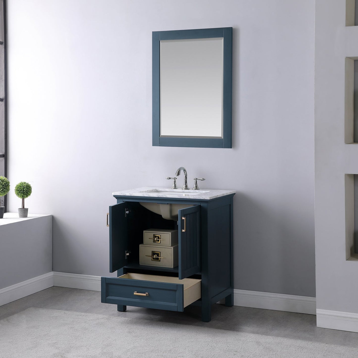 Isla 30" Single Bathroom Vanity Set in Classic Blue and Carrara White Marble Countertop with Mirror