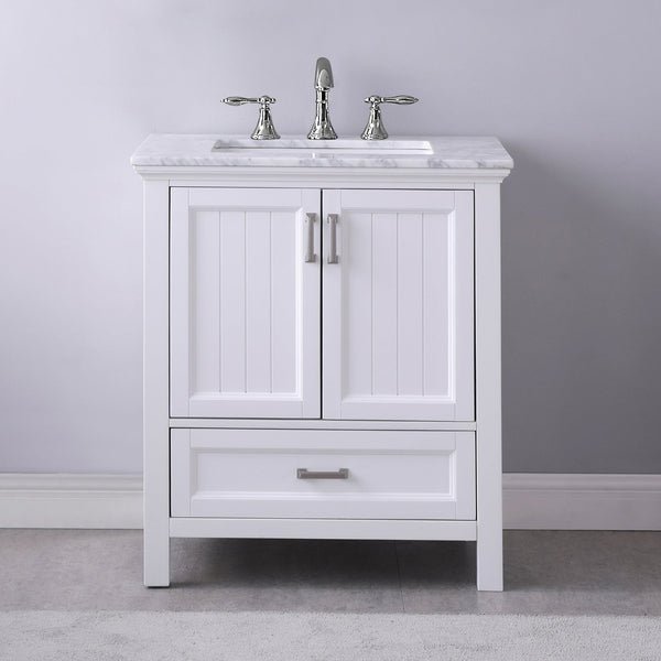 Isla 30 Single Bathroom Vanity Set in White and Carrara White Marble Countertop without Mirror