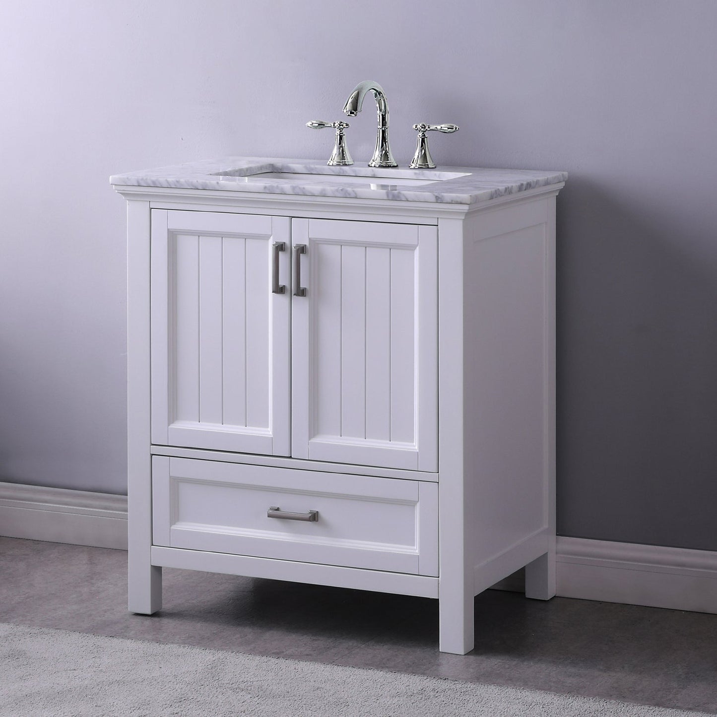 Isla 30" Single Bathroom Vanity Set in White and Carrara White Marble Countertop without Mirror