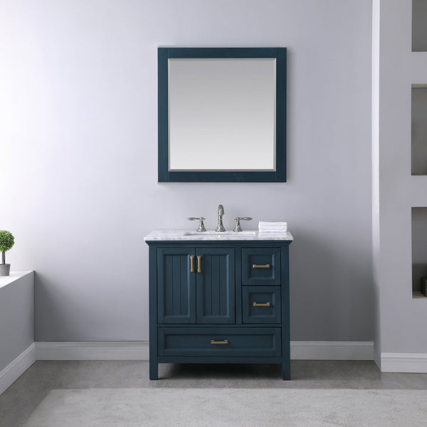 Isla 36 Single Bathroom Vanity Set in Classic Blue and Carrara White Marble Countertop with Mirror
