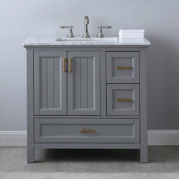 Isla 36 Single Bathroom Vanity Set in Gray and Carrara White Marble Countertop without Mirror
