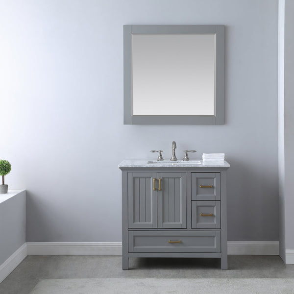 Isla 36 Single Bathroom Vanity Set in Gray and Carrara White Marble Countertop with Mirror