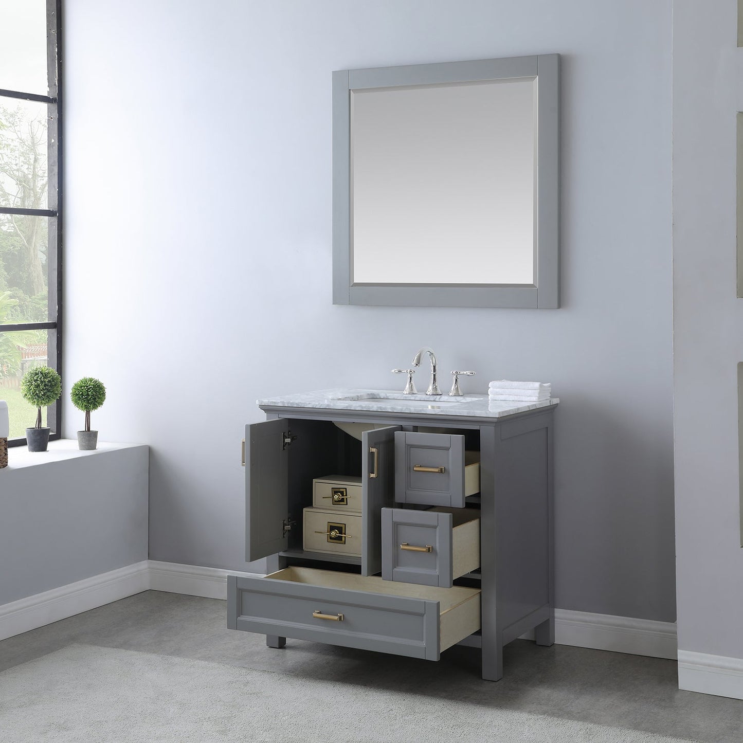 Isla 36" Single Bathroom Vanity Set in Gray and Carrara White Marble Countertop with Mirror