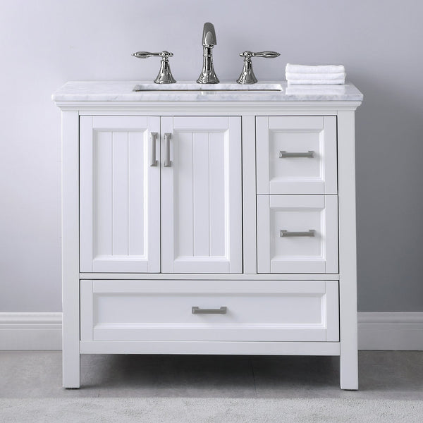 Isla 36 Single Bathroom Vanity Set in White and Carrara White Marble Countertop without Mirror