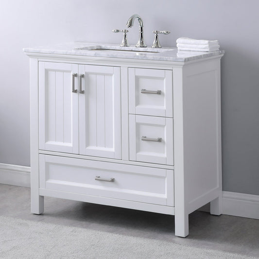 Isla 36" Single Bathroom Vanity Set in White and Carrara White Marble Countertop without Mirror